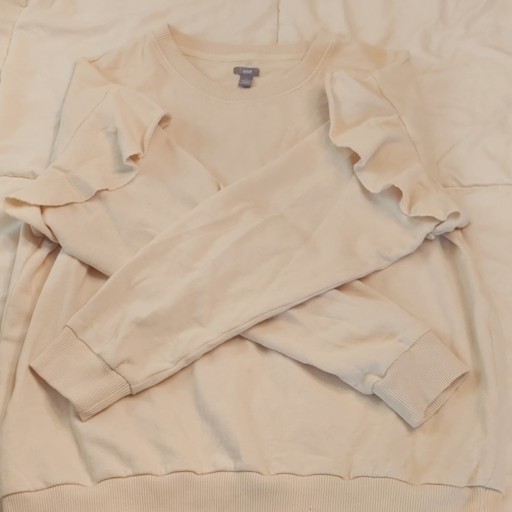Aerie Large Beige Sweatshirt with Shoulder Ruffle